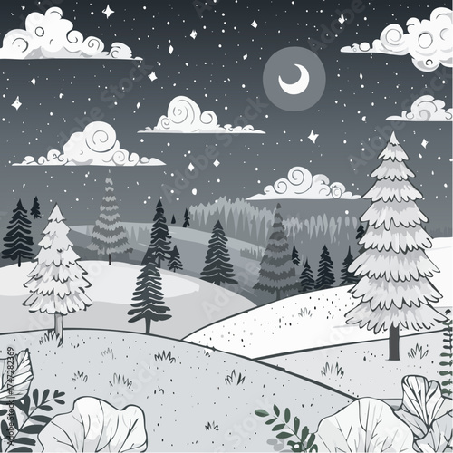 Night in forest, vector cartoon illustration. Hills and tall trees, pine forest on horizon lush bushes, clouds in starry sky. Beautiful nighttime landscape. Green plant and grass rural land background