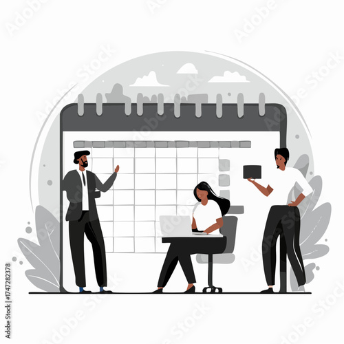 People organizing working assignments and deadlines vector, calendar with empty cells. Business team with ideas and events, management of work flat style