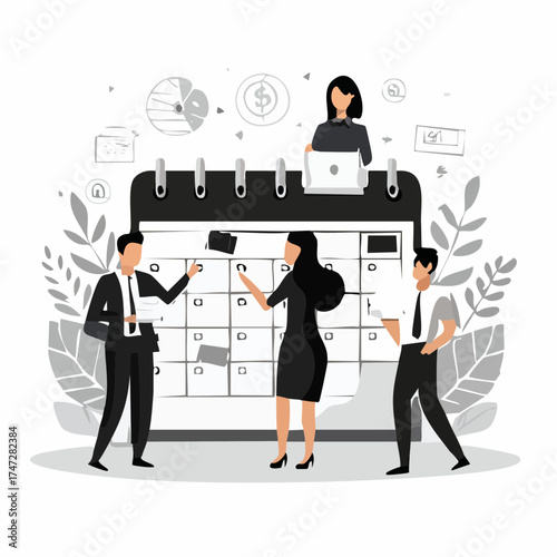 People organizing working assignments and deadlines vector, calendar with empty cells. Business team with ideas and events, management of work flat style