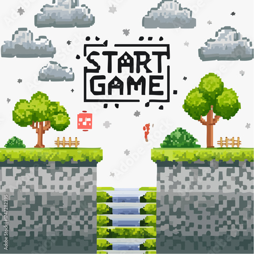 Start game page decoration by trees and bushes, grass and underground view, cloudy sky and steps, 1 player or 2 players choosing, pixel screen vector. Pixelated 8 bit video-game