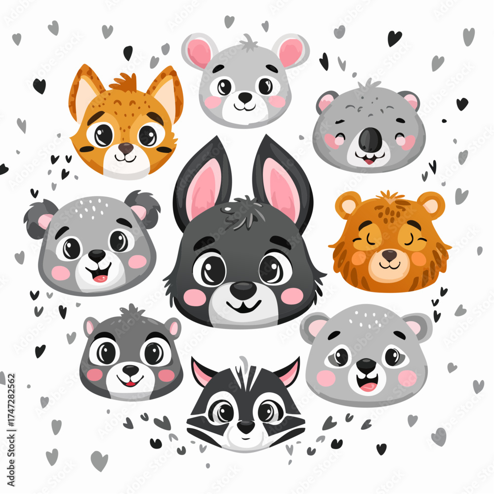 Obraz premium Cartoon avatar of the cute wild animals collection, smiling characters portrait isolated on white background. Emoji funny animal. Embarrassed smile emotion. Template pattern icon. Logo, sticker