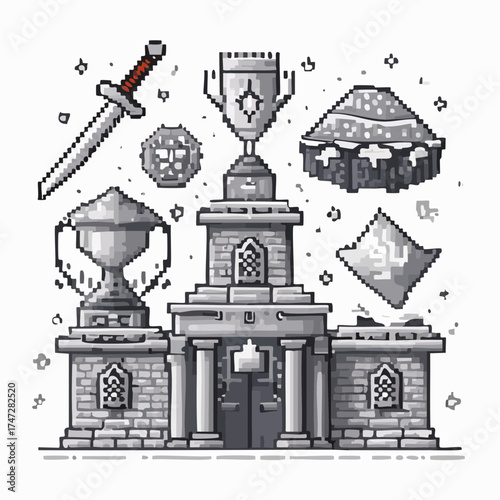 Pixel art game in 8 bit character life info and scenery vector. Isolated icons set trophy and sword, bomb and troll rival, alien and treasure arcade