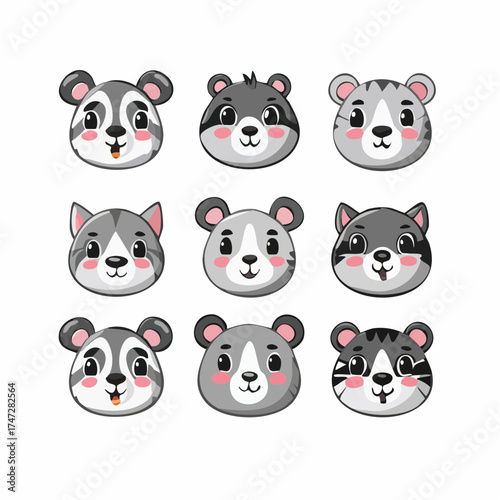 Cartoon avatar of the cute wild animals collection, smiling characters portrait isolated on white background. Emoji funny animal. Embarrassed smile emotion. Template pattern icon. Logo, sticker