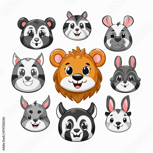 Cartoon avatar of the cute wild animals collection, smiling characters portrait isolated on white background. Emoji funny animal. Embarrassed smile emotion. Template pattern icon. Logo, sticker