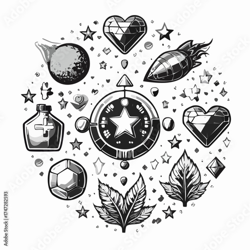 Signs and symbols of items collected during game against of alien plants and space. Pixel game interface layout design full of coins, stars, pixelated bombs and hearts. Pixel 8 bit retro video game