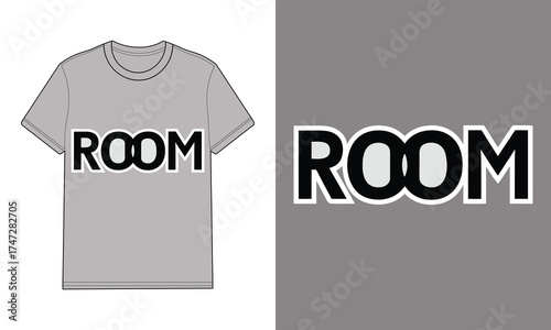 Gray t-shirt with outline text R O M word room