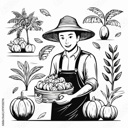 Farmer Work Agriculture Set Vector Illustration