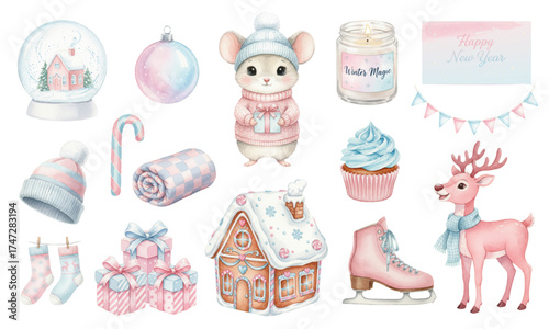 Cute Pastel Watercolor Winter Holiday Set – Mouse, Deer, and Snow Globe