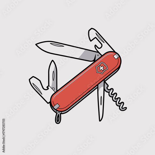 This Swiss Army knife design features a classic red exterior showcasing multiple tools including blades and corkscrew, perfect for outdoor and adventure enthusiasts.