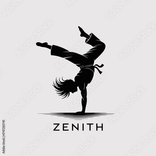 An artistic black silhouette of an individual performing a stylish handstand, symbolizing strength, balance, and flexibility, capturing the essence of dynamic movement and fitness.