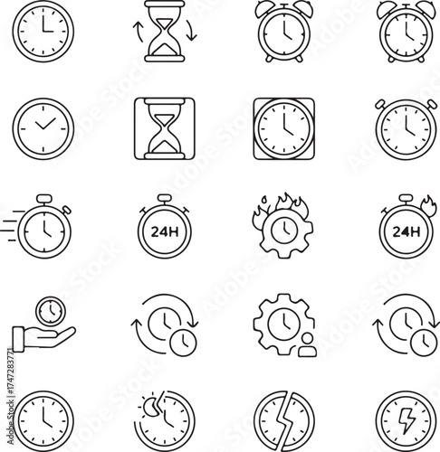 Time icon set. Thin line editable stroke icons. Clocks, calendars, time management, productivity, deadlines, calendars, schedule, productivity, business efficiency, time management, dates,
