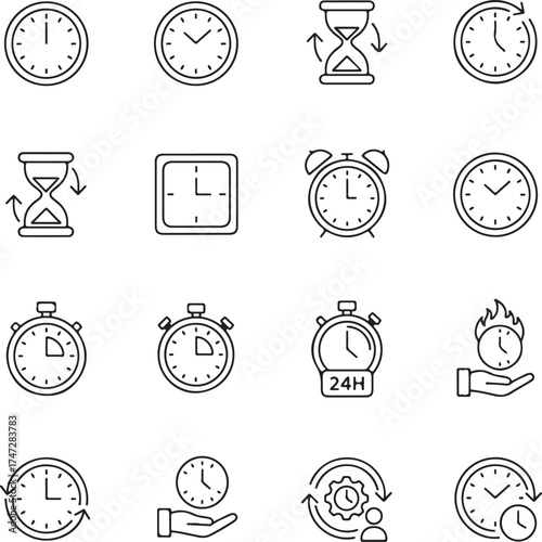 Vector line icons of clocks, calendars, timers, schedules, deadlines, time zones, reminders, planning tools ideal for apps, 
