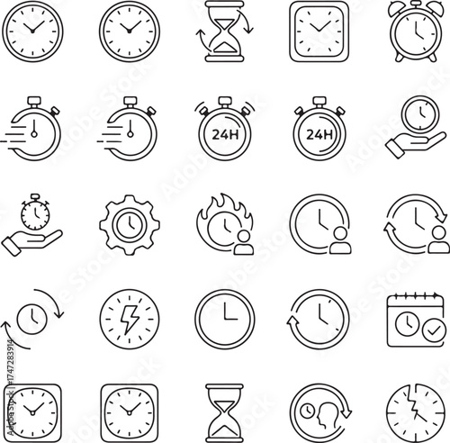 Timers and clock icon set. Time line symbol. Containing clock, stopwatch, hourglass and more Vector illustration
