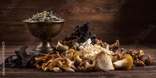 A diverse assortment of fresh wild edible mushrooms on a rustic wooden table.