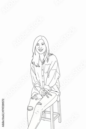 beautiful cheerful woman sitting line art illustrations