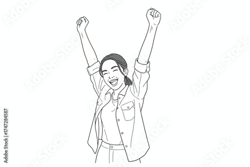 young asian lady with positive expression joyful exciting dressed casual cloth happy with two hands up