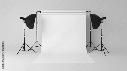 Empty photography studio with softbox lighting and blank paper backdrop for product mockup display