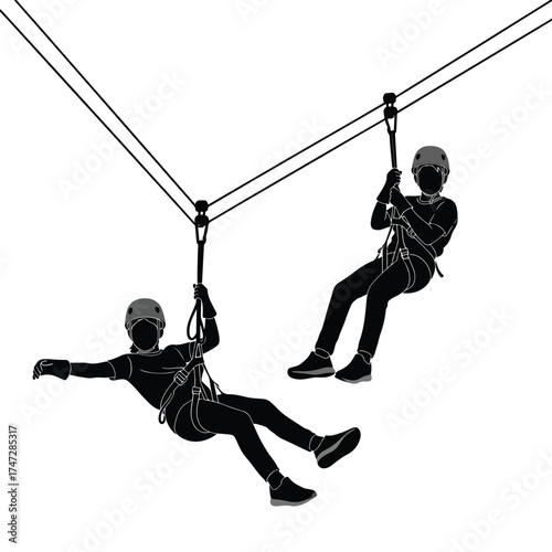 Two silhouettes zip-lining adventure activity sport - Logo vector icon stock illustration - Flat Design Icon