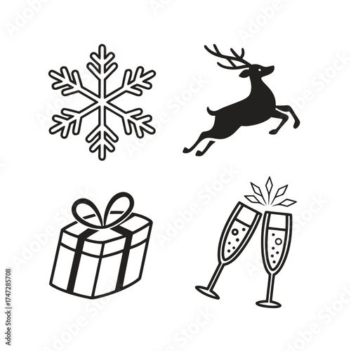 Winter holiday icons set snowflake deer gift champagne glasses for festive design isolated on transparent background