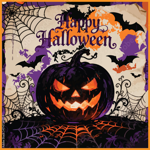 Spooky Vintage Halloween Background with Jack- o -Lantern and Bats