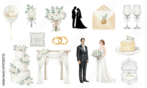 Elegant Watercolor Wedding Set – Couple, Rings, and Cake