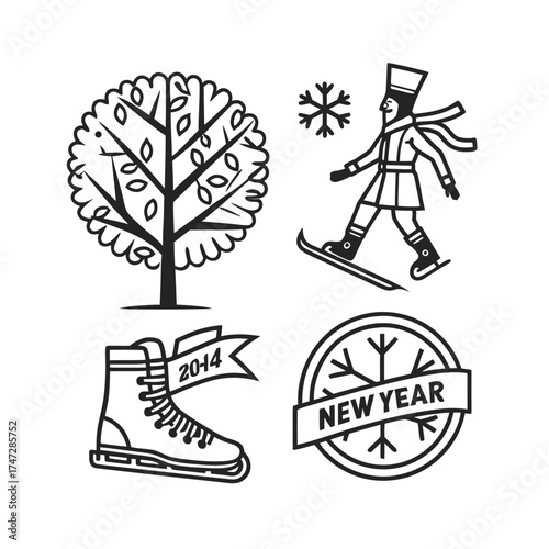 Winter themed graphic icons featuring tree snowman boot and compass for seasonal design isolated on transparent background