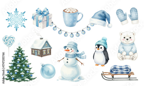 Cute Watercolor Winter Set – Snowman, Bear, and Christmas Tree