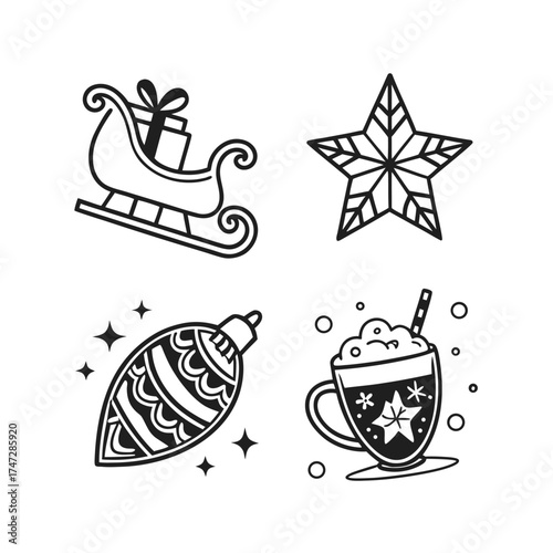 Christmas holiday icons set sleigh star ornament hot chocolate seamless pattern isolated on transparent background