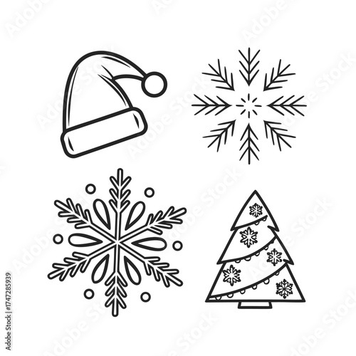 Christmas icons set festive santa hat snowflakes and decorated tree simple line art isolated on transparent background