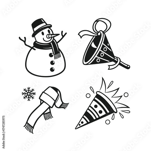 Festive holiday icons set snowman penguin gift party popper christmas symbols isolated on transparent background