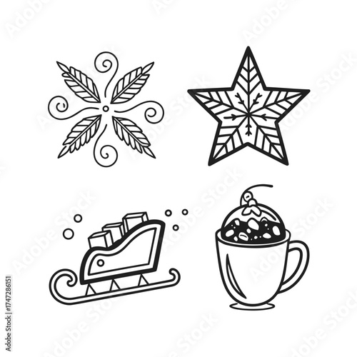 Set of four ornate christmas icons silhouette featuring poinsettia star sleigh and acorn with snowflake isolated on transparent background