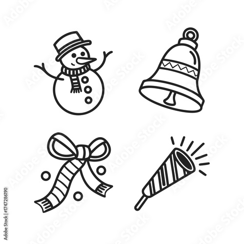 Charming hand-drawn christmas icons featuring snowman bell candy cane and party popper isolated on transparent background