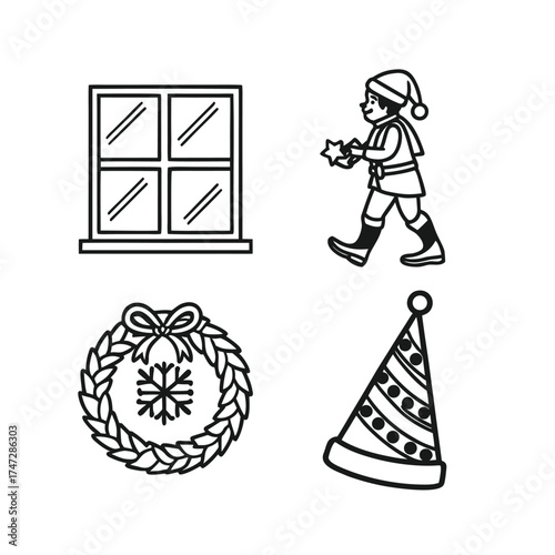 Four simple line art icons representing home party and holiday elements isolated on transparent background
