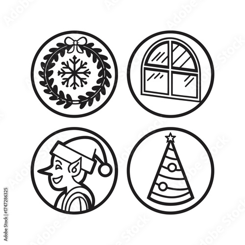 Collection of four circular icons featuring distinctive stylized graphics isolated on transparent background