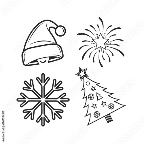 Set of four outline christmas icons santa hat snowflake christmas tree starburst isolated on transparent background