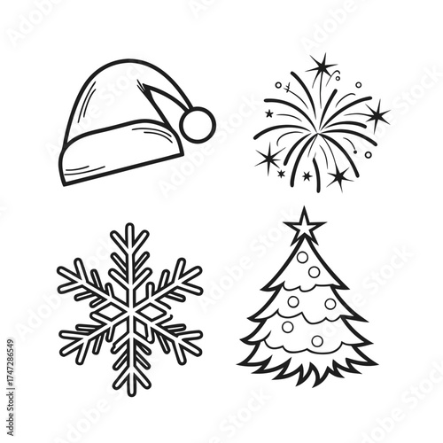 Set of four festive holiday icons including santa hat snowflake fireworks and christmas tree outline isolated on transparent background