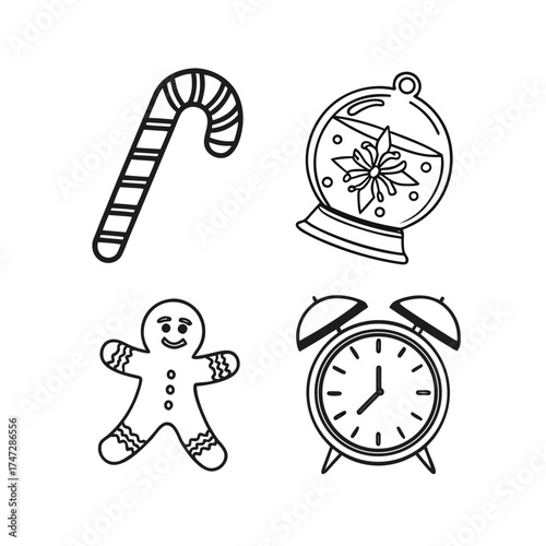Four festive christmas icons candy cane gingerbread man christmas tree and alarm clock graphics isolated on transparent background