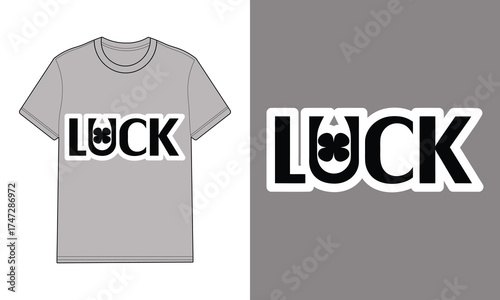 Grey t shirt with text spelling luck with clover typography