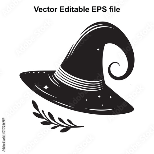 Vector art of black witch hat with swirling brim and decorative leaves