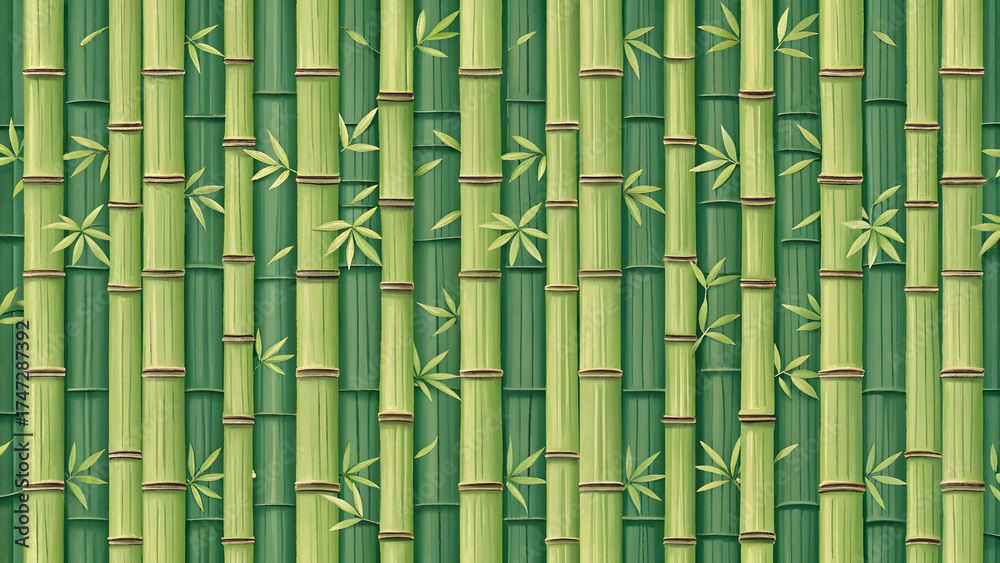 Fototapeta premium Tileable bamboo wall pattern, green tones, simple vertical alignment, pixel precision
