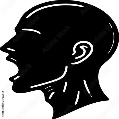 The Screaming Silhouette: A stark silhouette of a human head, rendered in bold black and white, captures a moment of intense emotion, with a wide-open mouth expressing raw, unfiltered feelings.