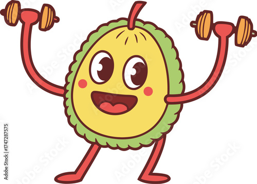 jackfruit mascot lifting tiny weights strong frui