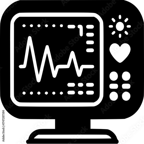 Medical Monitor: A sleek black and white medical monitor displaying a vital heartbeat rhythm. 