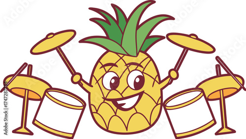 pineapple mascot playing drums energetic music ca