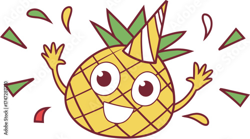 pineapple mascot wearing party hat and confetti b