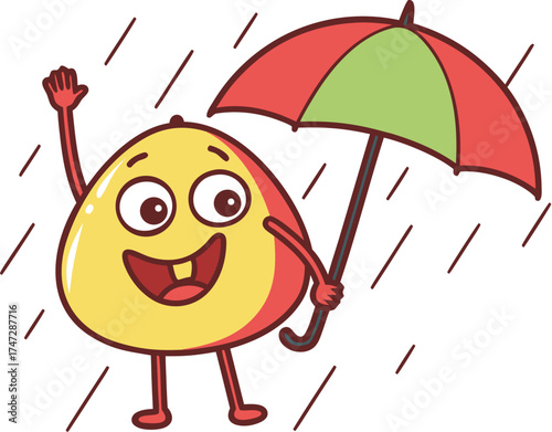 pomelo mascot holding umbrella in rain funny cart