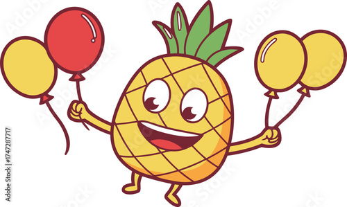 pineapple mascot flying with balloons happy celeb