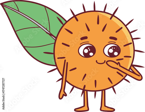 rambutan mascot hiding behind leaf shy cute fruit