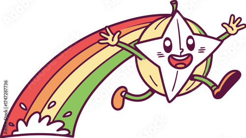 starfruit mascot sliding down rainbow magical cut