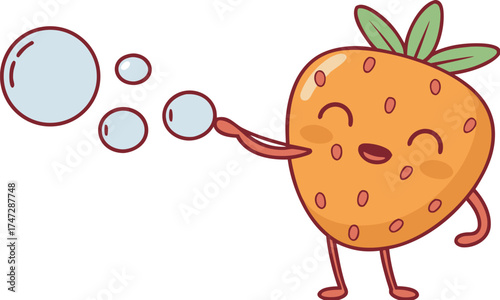 strawberry mascot blowing bubbles cute kids carto